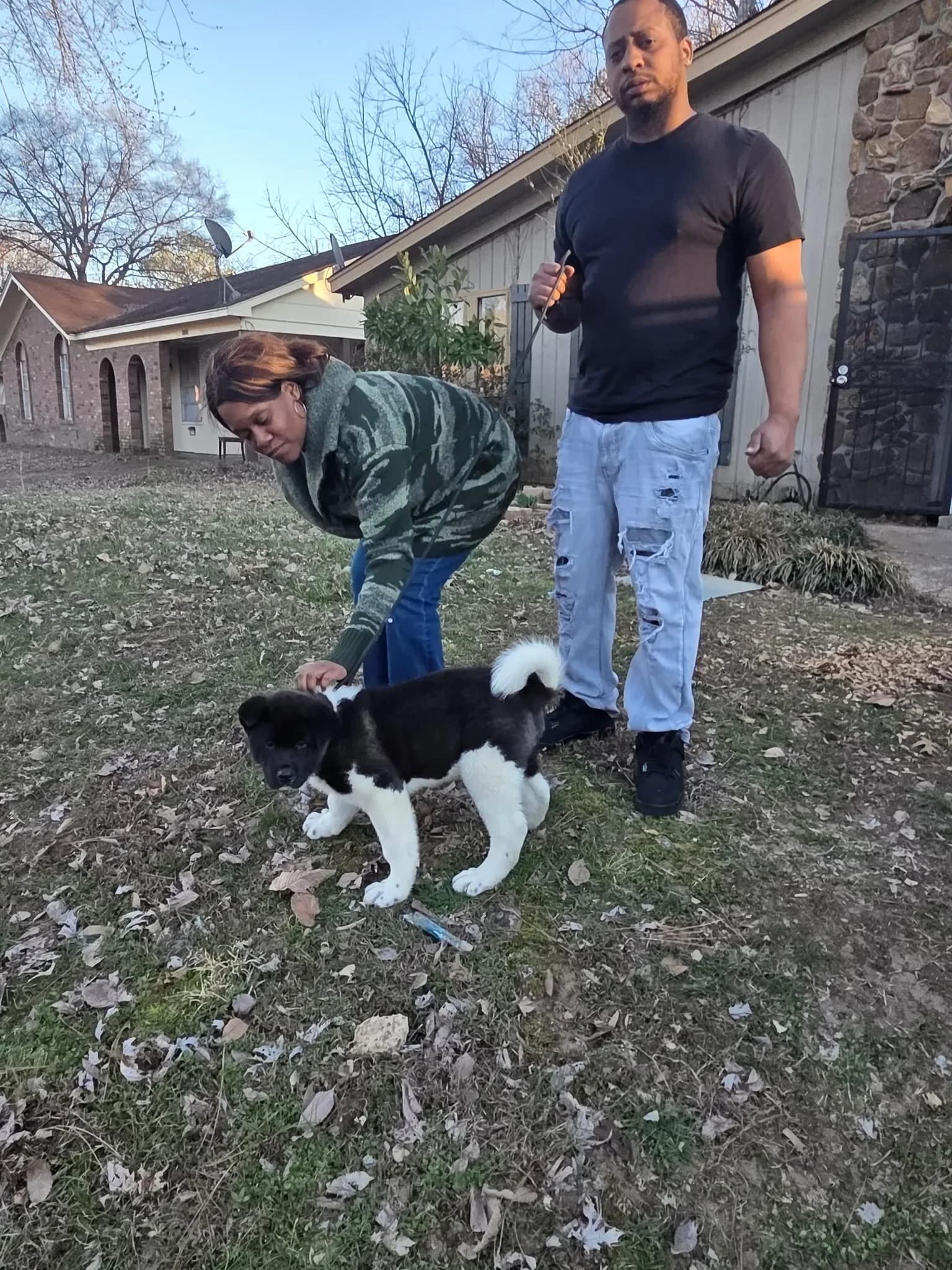A family meeting their Akita puppy